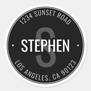Modern Minimal Name & Address   Black & White Classic Round Sticker