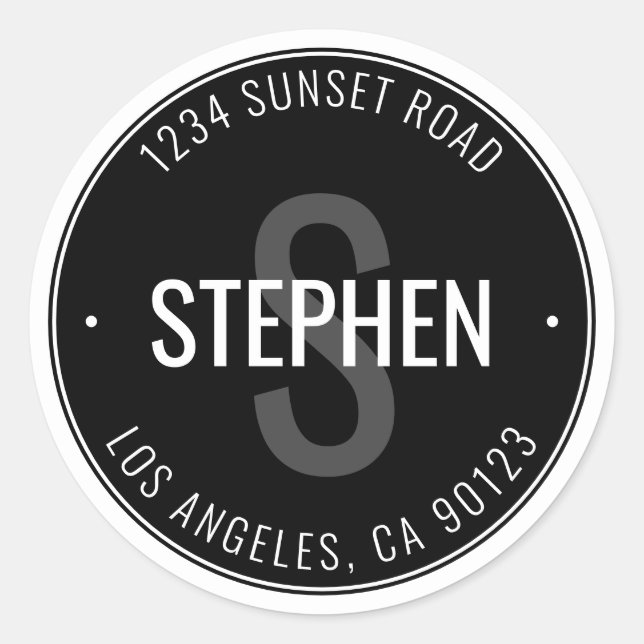 Modern Minimal Name & Address | Black & White Classic Round Sticker (Front)