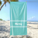 Modern Minimal Name Monogram Script Template Teal  Beach Towel<br><div class="desc">Custom minimal design features an easy to use template for name or text up to eleven letters in modern script and a double frame border. Script and border are in white on a cute teal background. Colour of background and font are easily changed with the Zazzle design tool section. Be...</div>