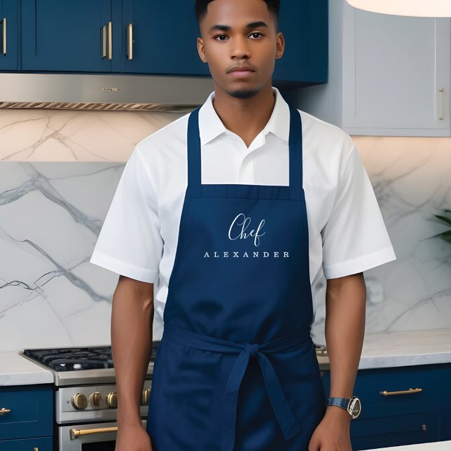 Modern Minimal Navy Blue Chef Kitchen Custom Name Apron (Modern Minimal Navy Blue Chef Kitchen Custom Name Apron)