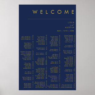 Modern Minimal Navy Blue Gold Alphabetical Seating Poster