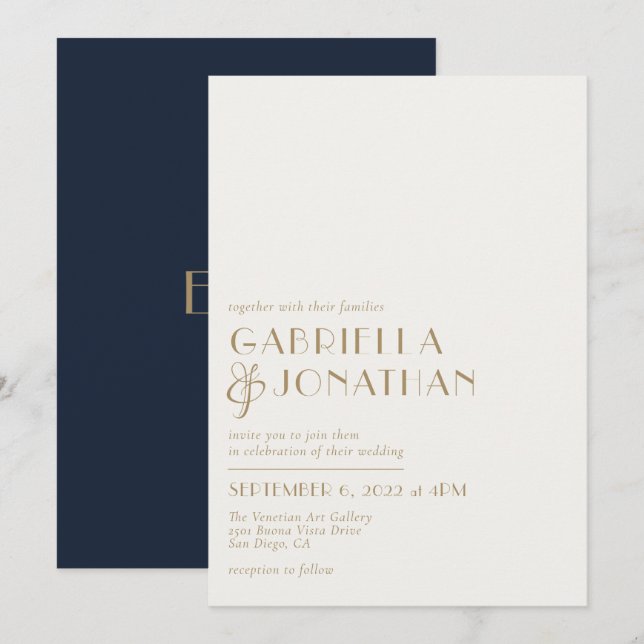 Modern Minimal Navy Blue Gold Invitation (Front/Back)