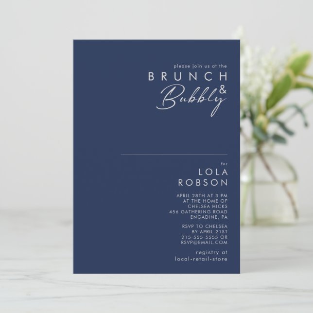 Modern Minimal Navy Blue Silver Brunch and Bubbly Invitation (Standing Front)