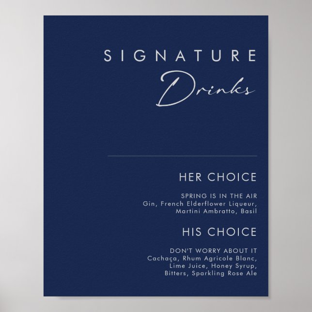 Modern Minimal Navy Blue Silver Signature Drinks Poster (Front)