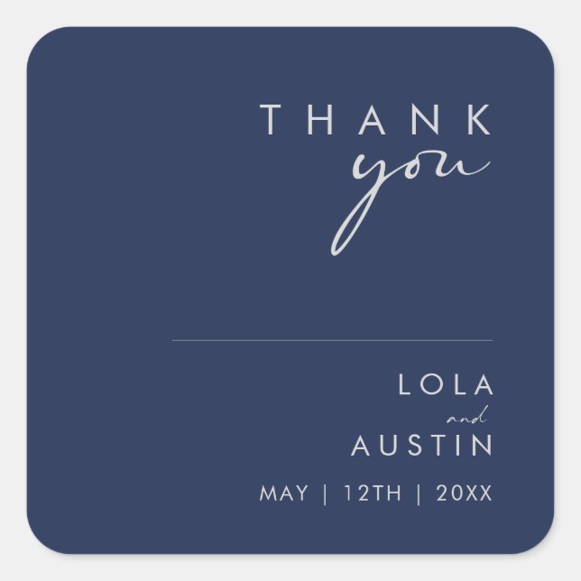 Modern Minimal Navy Blue Silver Thank You Wedding Square Sticker (Front)