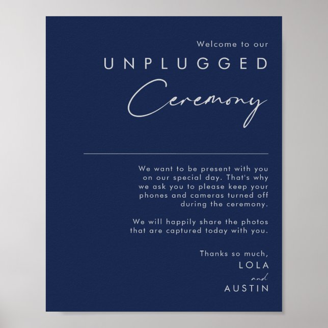 Modern Minimal Navy Blue Silver Unplugged Ceremony Poster (Front)