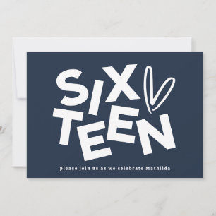 Modern minimal navy blue typography 16th birthday invitation