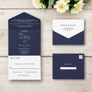 Modern Minimal Navy Blue White Calligraphy Wedding All In One Invitation