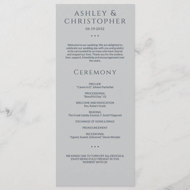 Modern Minimal Navy & Grey Wedding Ceremony Program (Front)