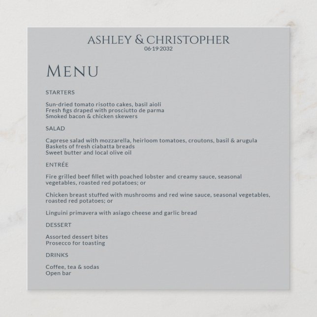 Modern Minimal Navy & Grey Wedding Reception Menu (Front)