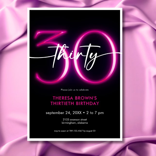 Modern Minimal Neon Pink Thirty Script Birthday Invitation (Modern Minimal Neon Pink Thirty Script Birthday Invitation)