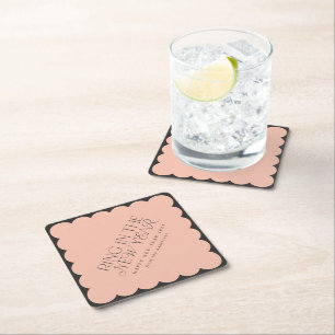 Modern minimal new year black holiday wavy edge square paper coaster
