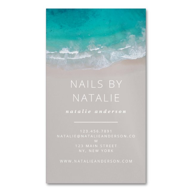 Modern minimal ocean beach typography chic 	Magnetic business card (Front Vertical)