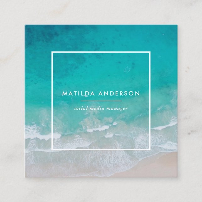 Modern minimal ocean beach typography chic square business card (Front)