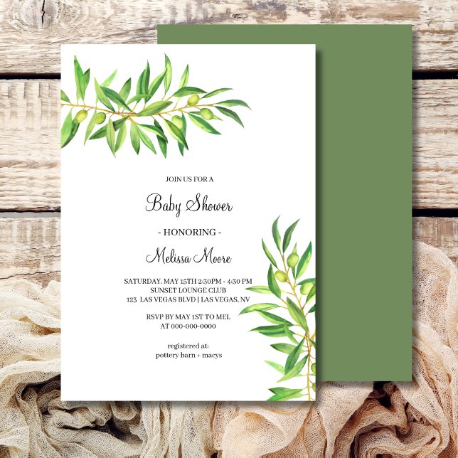 Modern minimal olive branch baby shower invitation (Creator Uploaded)