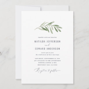 Modern minimal olive branch foliage wedding announcement