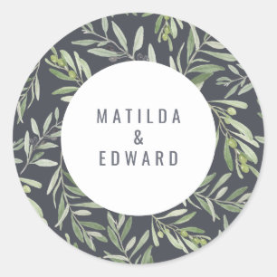 Modern minimal olive branch foliage wedding classic round sticker