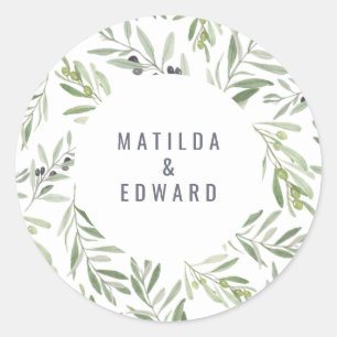 Modern minimal olive branch foliage wedding classic round sticker