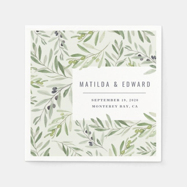 Modern minimal olive branch foliage wedding napkin (Front)