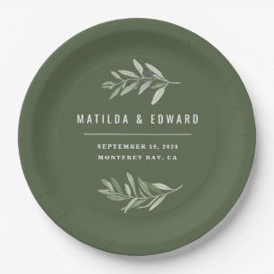 Modern minimal olive branch foliage wedding party paper plate