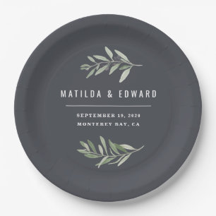Modern minimal olive branch foliage wedding party paper plate