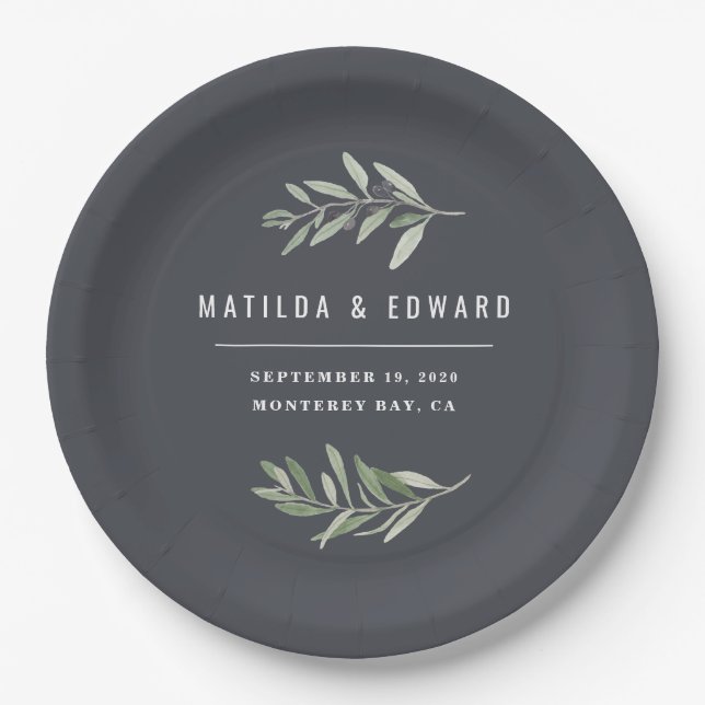 Modern minimal olive branch foliage wedding party paper plate (Front)