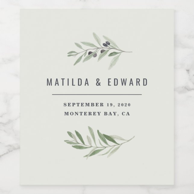 Modern minimal olive branch foliage wedding party wine label (Single Label)