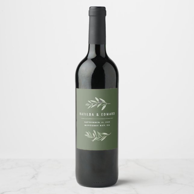 Modern minimal olive branch foliage wedding party wine label (Front)