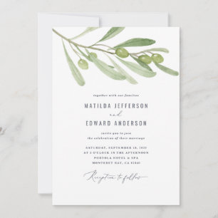 Modern minimal olive branch sage wedding announcement