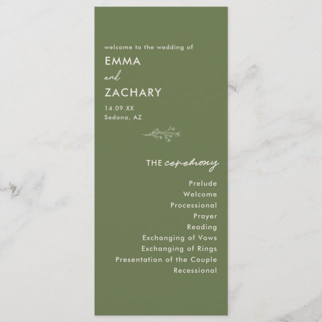 Modern Minimal Olive Green Wedding Program (Front)