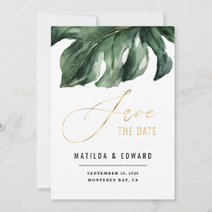 Modern minimal palm leaf gold wedding announcement