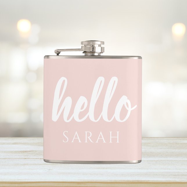 Modern Minimal Pastel Pink Hello And You Name Hip Flask (Creator Uploaded)