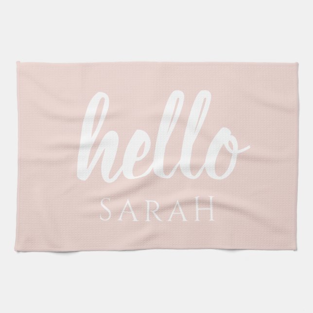 Modern Minimal Pastel Pink Hello And You Name Kitchen Towel (Horizontal)