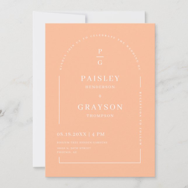 Modern Minimal Peach Arch QR Code Wedding Photo Invitation (Front)