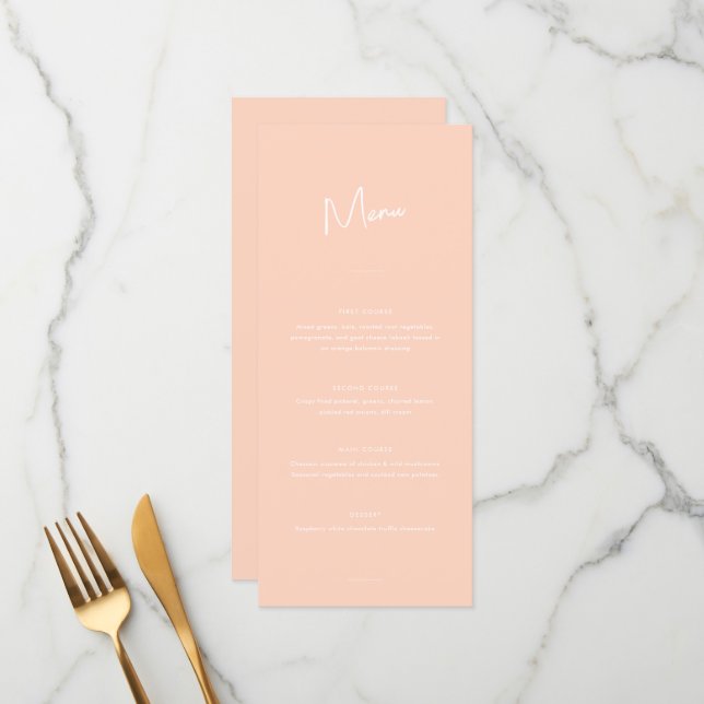 Modern Minimal Peach Script Wedding Menu (Front/Back In Situ)