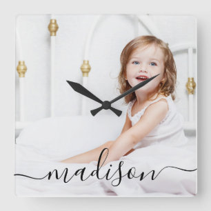 Modern & Minimal Personalized Full Photo & Name Square Wall Clock