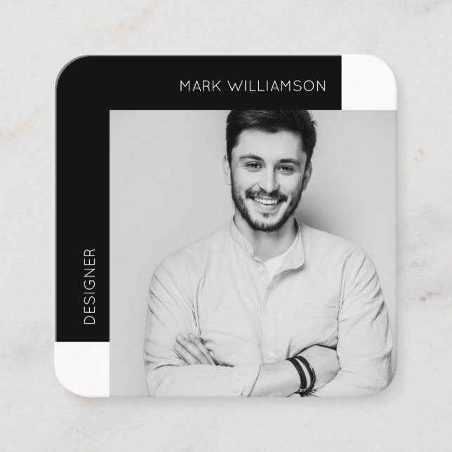Modern Minimal Photo Black Square Business Card (Front)