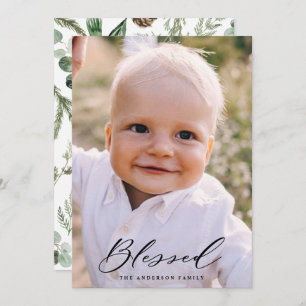 Modern minimal photo blessed Christmas chic script Holiday Card