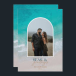 Modern minimal photo Christmas beach Holiday Card<br><div class="desc">stylish christmas card design featuring trendy mix of bold and script font,  space for your chosen photo on front with beach and sea graphic on reverse</div>