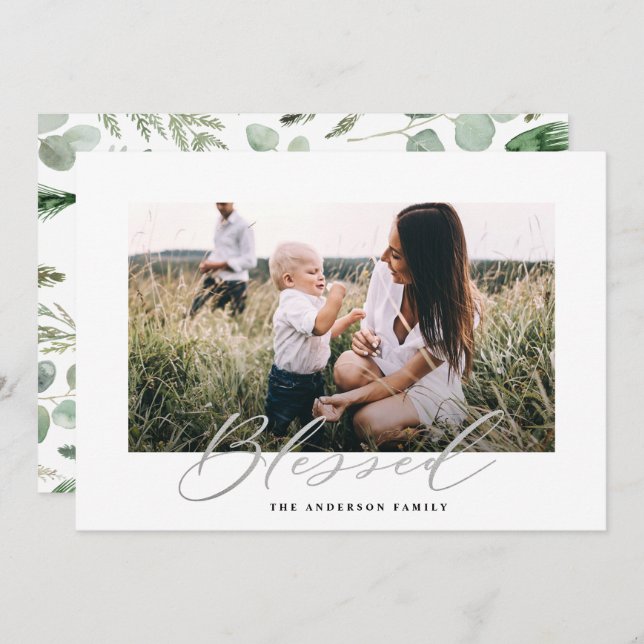 Modern minimal photo Christmas blessed script Holiday Card (Front/Back)