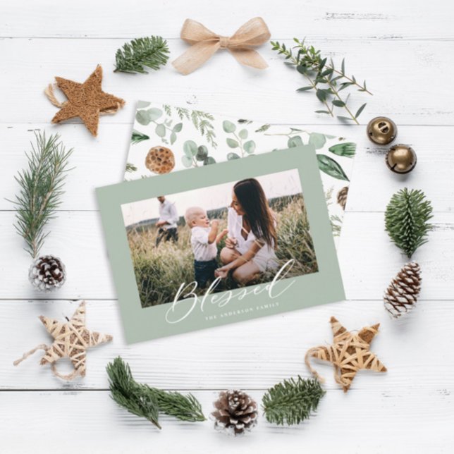 Modern minimal photo Christmas blessed script Holiday Card (Creator Uploaded)