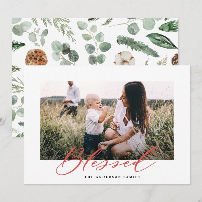 Modern minimal photo Christmas blessed script Holiday Card (Front/Back)