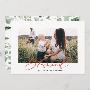 Modern minimal photo Christmas blessed script Holiday Card