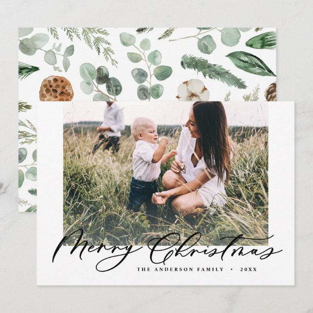 Modern minimal photo Christmas elegant chic script Holiday Card (Front/Back)