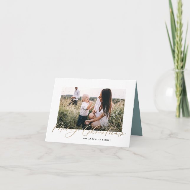 Modern minimal photo Christmas elegant script blue Holiday Card (Front)