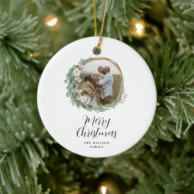 Modern minimal photo Christmas elegant script Ceramic Ornament (Tree)