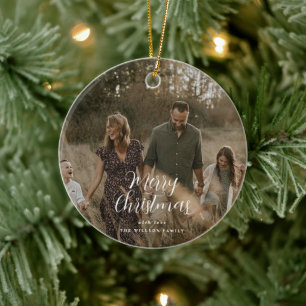 Modern minimal photo Christmas elegant script Ceramic Ornament