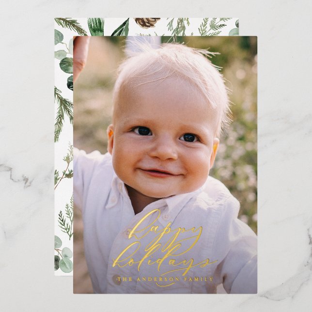 Modern minimal photo Christmas elegant script Foil Holiday Card (Front/Back)