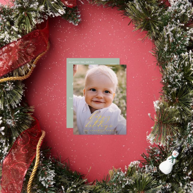 Modern minimal photo Christmas elegant script   Foil Holiday Postcard (Insitu)