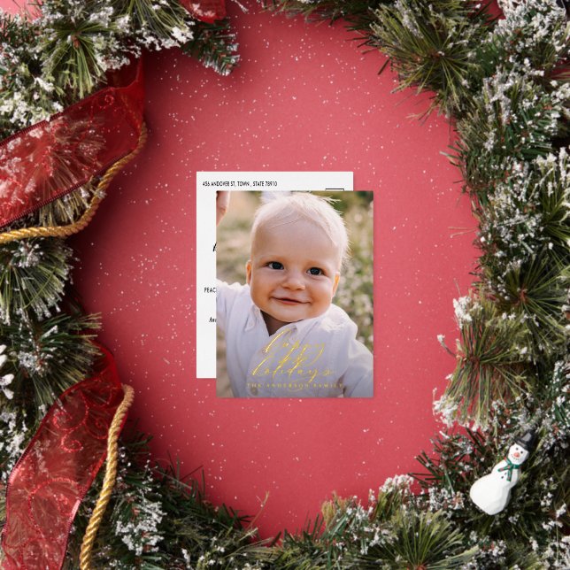 Modern minimal photo Christmas elegant script  Foil Holiday Postcard (Insitu)